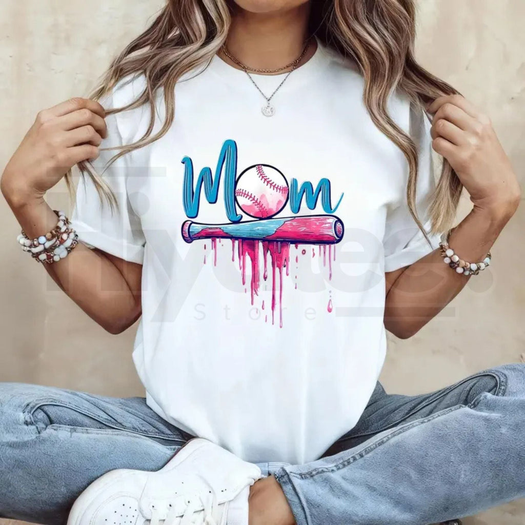 Baseball Mom pink drip graphic tee with baseball bat design