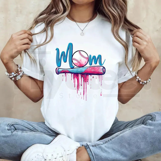Baseball Mom pink drip graphic tee with baseball bat design