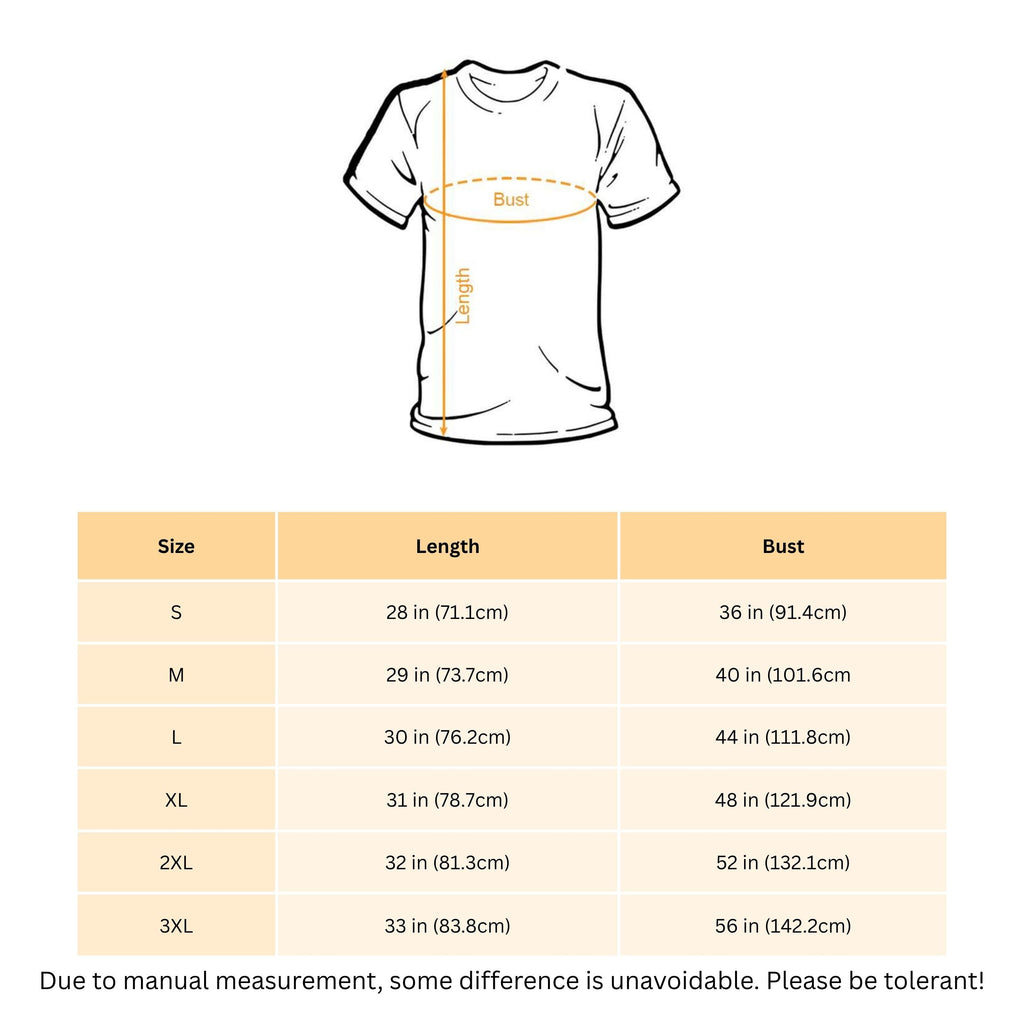 T-shirt size chart with measurements on a white background