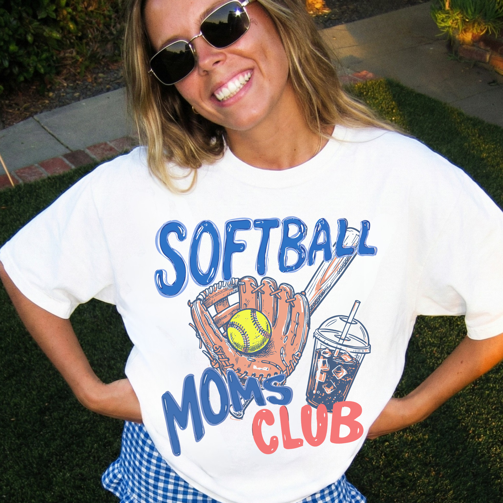 Cute softball mom shirt in chambray blue coral varsity design