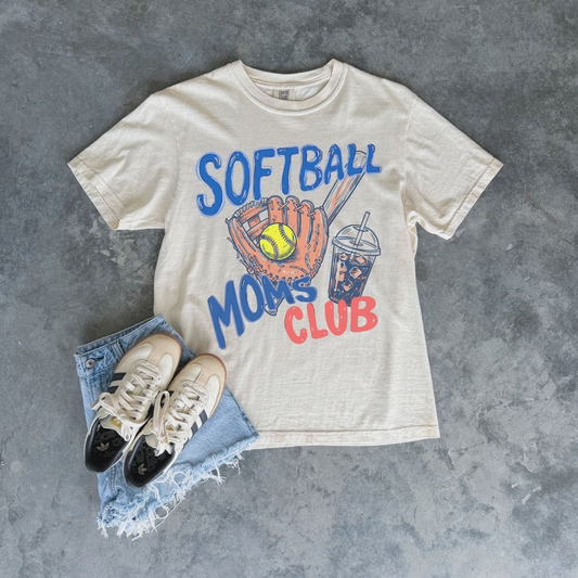 Softball moms club shirt with glove softball and iced coffee graphic